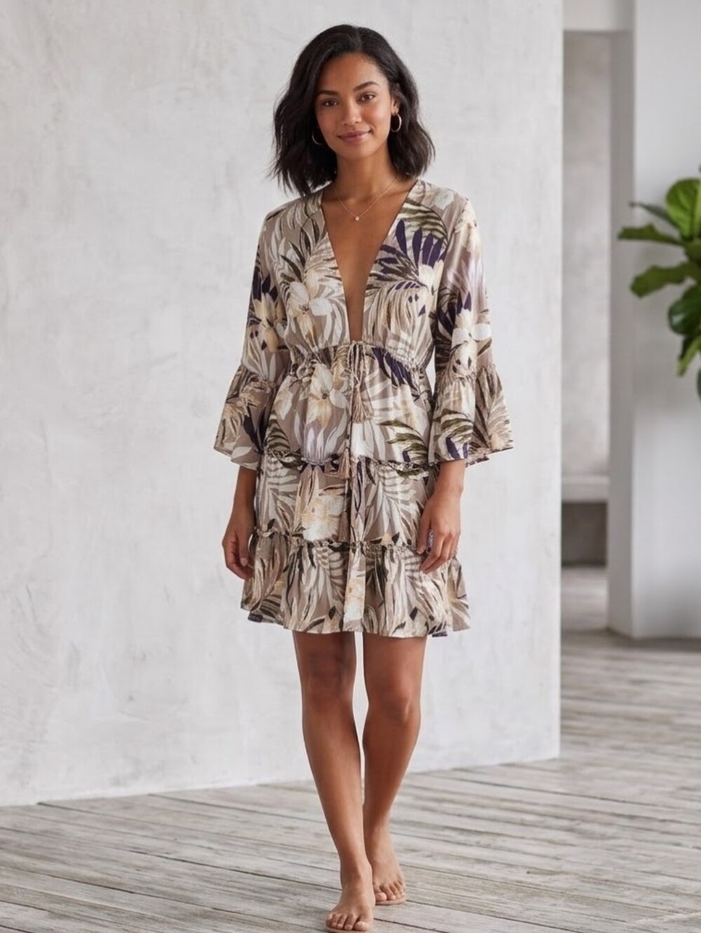 Blue Island Women Beige Palm Floral Rayon Swim Cover Dress Ruffle 3/4 Sleeve M
